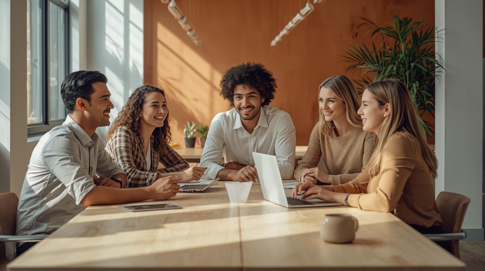 Realistic photo of five professionals gathered around a light wooden table in a bright modern workspace, natural daylight, minimalist decor, soft ocre and beige tones, no plants, warm smiles and genuine eye contact, atmosphere of trust and