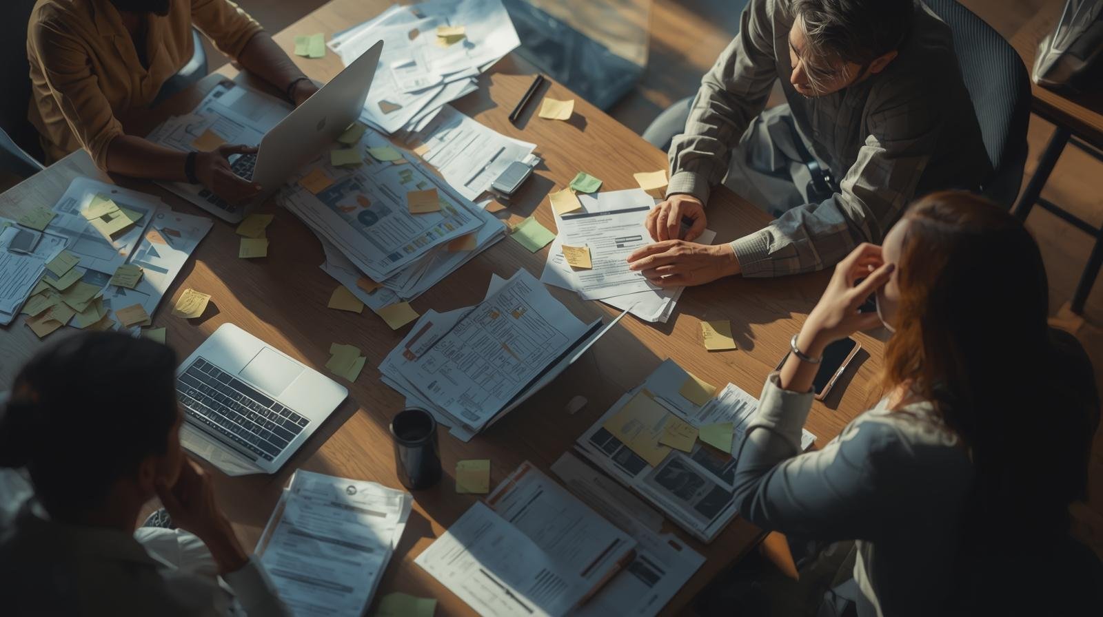 Symbolic conceptual image showing a project team slightly out of sync — papers, laptops, and post-its on a table, one person looking thoughtful, warm natural light, realistic photographic style, tones of blue-grey and beige, gentle contra