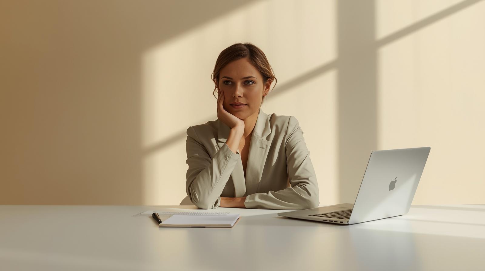 A calm, intimate photo of a professional reflecting alone at a bright desk, soft morning light, notes and laptop nearby, tones of ocre, beige and soft green, minimalist composition, evokes self-reflection and clarity, gentle shadows, airy b A calm, intimate photo of a professional reflecting alone at a bright desk, soft morning light, notes and laptop nearby, tones of ocre, beige and soft green, minimalist composition, evokes self-reflection and clarity, gentle shadows, airy b