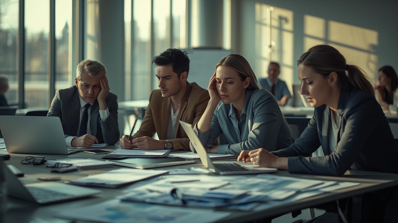 A realistic photo of a professional project team in a bright modern office, structured workspace with notebooks, charts, laptops neatly arranged. The people look focused but slightly tired or distant, natural daylight filtering through larg A realistic photo of a professional project team in a bright modern office, structured workspace with notebooks, charts, laptops neatly arranged. The people look focused but slightly tired or distant, natural daylight filtering through larg