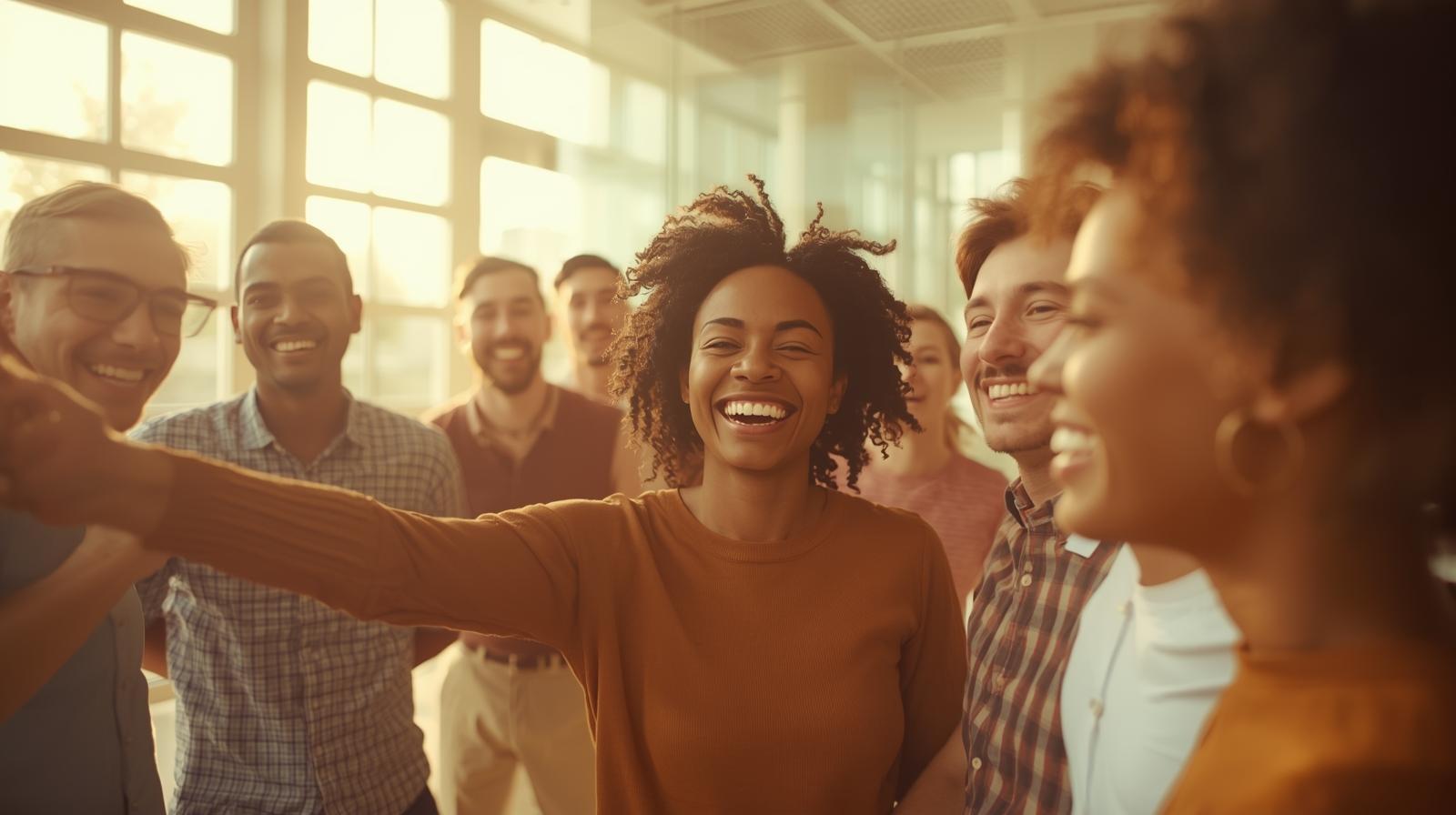 Conceptual photo of a team celebrating small success or sharing positive energy in a modern bright workspace, warm light, tones of ocre and white, natural smiles, subtle motion blur, atmosphere of renewal, connection, and shared purpose, no Conceptual photo of a team celebrating small success or sharing positive energy in a modern bright workspace, warm light, tones of ocre and white, natural smiles, subtle motion blur, atmosphere of renewal, connection, and shared purpose, no