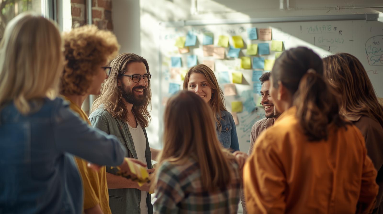 Lively workshop scene with diverse team standing around a whiteboard or sticky notes wall, animated discussion, smiling, natural daylight, soft focus, tones of ocre and green, evokes energy, clarity, and positive movement, no text, realisti Lively workshop scene with diverse team standing around a whiteboard or sticky notes wall, animated discussion, smiling, natural daylight, soft focus, tones of ocre and green, evokes energy, clarity, and positive movement, no text, realisti