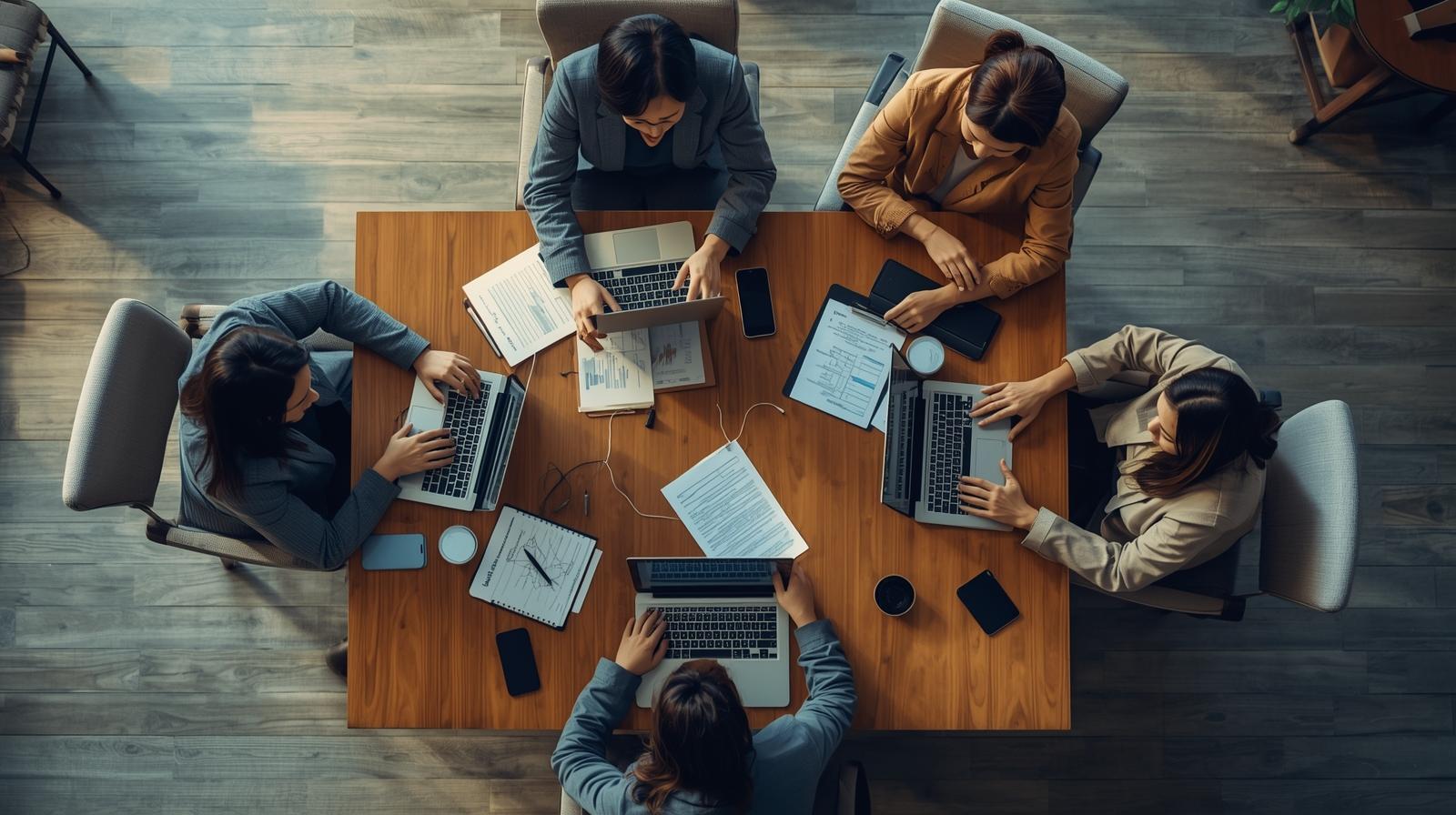 Professional team of 4–6 people gathered around a table, seen from above, collaborative discussion with laptops and papers, warm daylight, tones of ocre, grey-blue and natural wood, atmosphere of focus and listening, human connection visi Professional team of 4–6 people gathered around a table, seen from above, collaborative discussion with laptops and papers, warm daylight, tones of ocre, grey-blue and natural wood, atmosphere of focus and listening, human connection visi