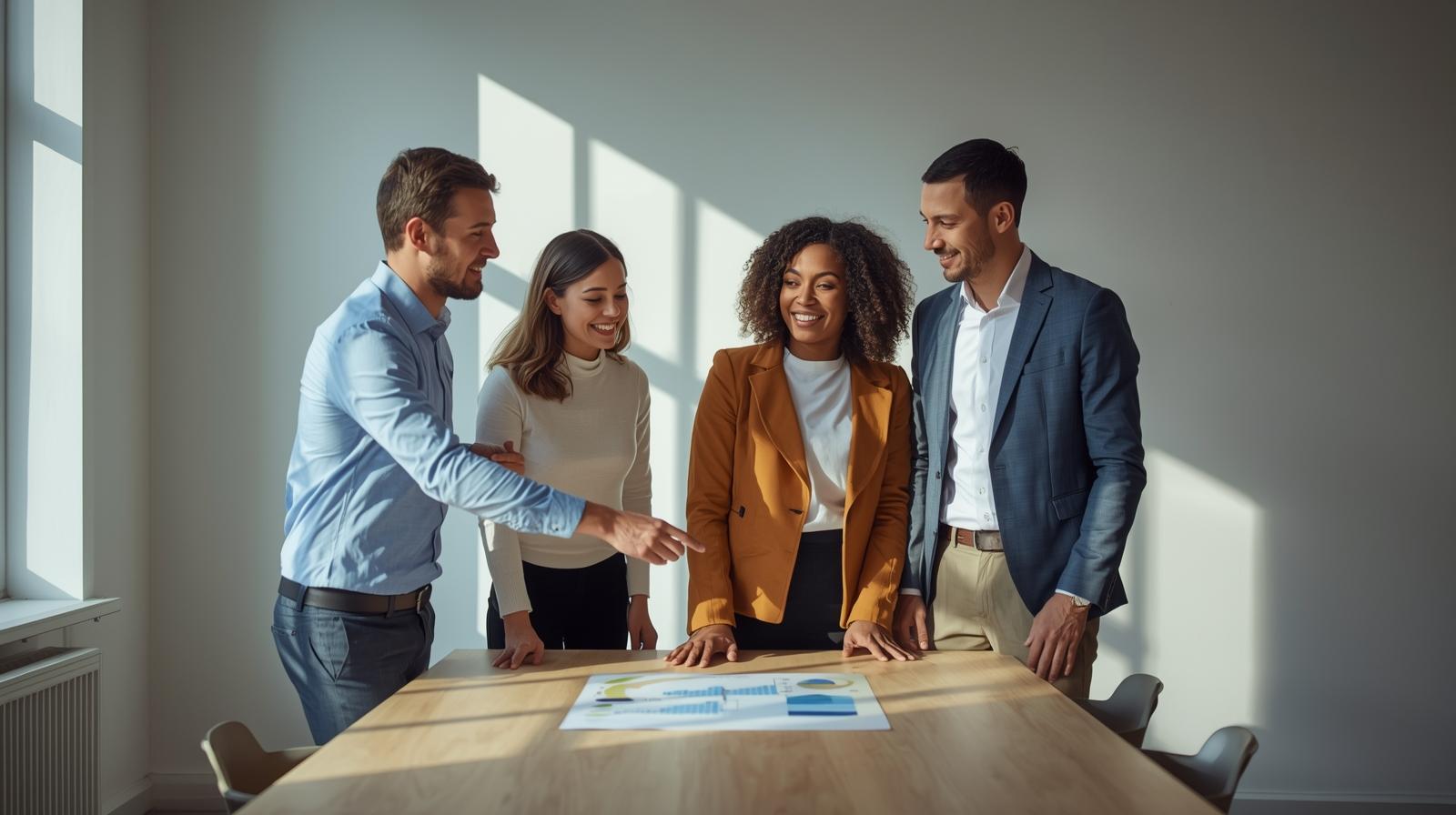 Realistic photo of a diverse group of four professionals standing around a light wooden table in a bright modern workspace, natural daylight, soft ocre and blue-grey tones. One person is slightly leading the discussion, pointing or explaini Realistic photo of a diverse group of four professionals standing around a light wooden table in a bright modern workspace, natural daylight, soft ocre and blue-grey tones. One person is slightly leading the discussion, pointing or explaini