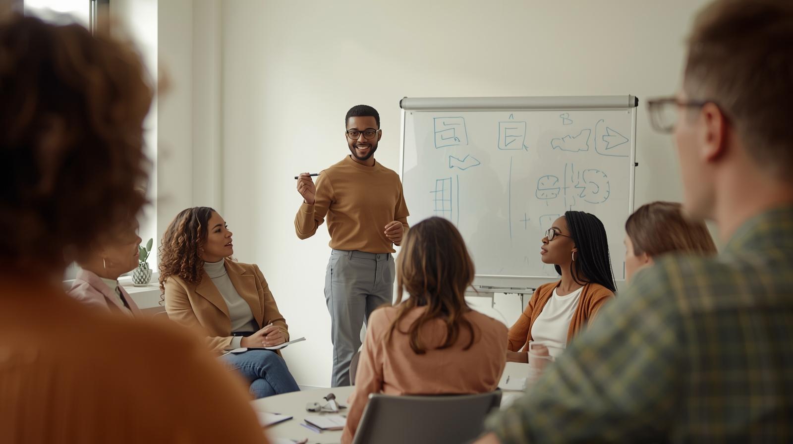 Realistic photo of a small professional group in a bright room during a workshop, a facilitator standing and drawing on a whiteboard, participants attentive and engaged, natural daylight, tones of ocre, beige, and light green, calm and insp Realistic photo of a small professional group in a bright room during a workshop, a facilitator standing and drawing on a whiteboard, participants attentive and engaged, natural daylight, tones of ocre, beige, and light green, calm and insp