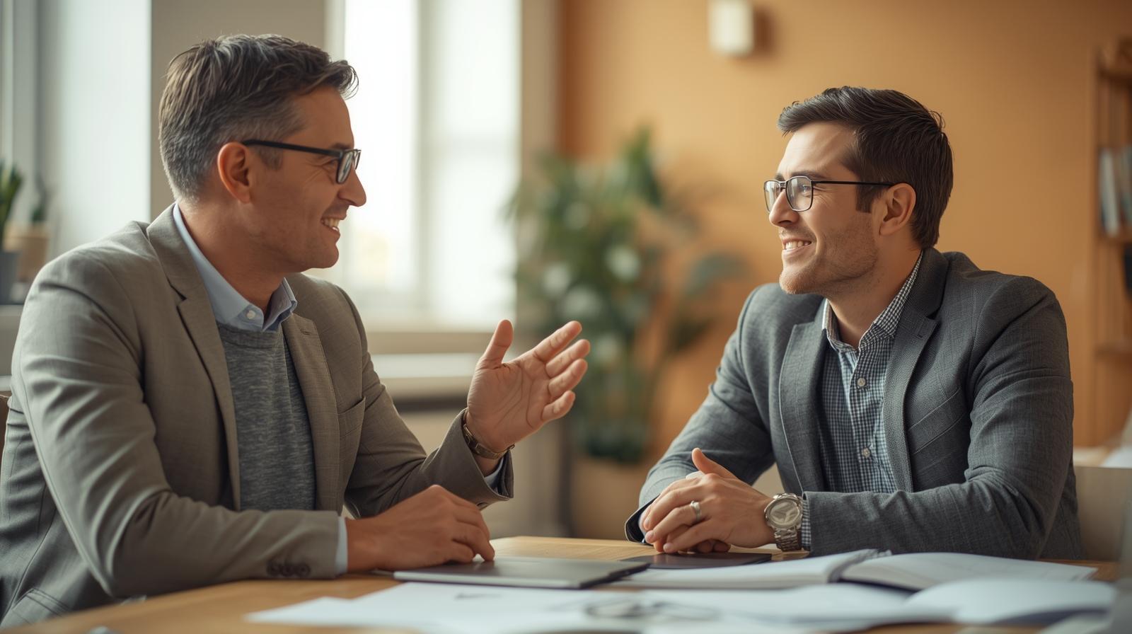 Realistic photo of two Caucasian male professionals sitting face to face in a bright modern workspace, natural daylight, tones of beige, ocre and light wood. One man slightly older, confident and calm, gesturing as he explains something, th Realistic photo of two Caucasian male professionals sitting face to face in a bright modern workspace, natural daylight, tones of beige, ocre and light wood. One man slightly older, confident and calm, gesturing as he explains something, th
