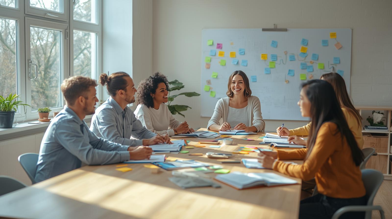 Une scène lumineuse de travail collectif dans un espace chaleureux, type atelier ou salle de formation conviviale._Des hommes et des femmes discutent autour d’une grande table en bois clair, carnets ouverts, post-its colorés, regards co