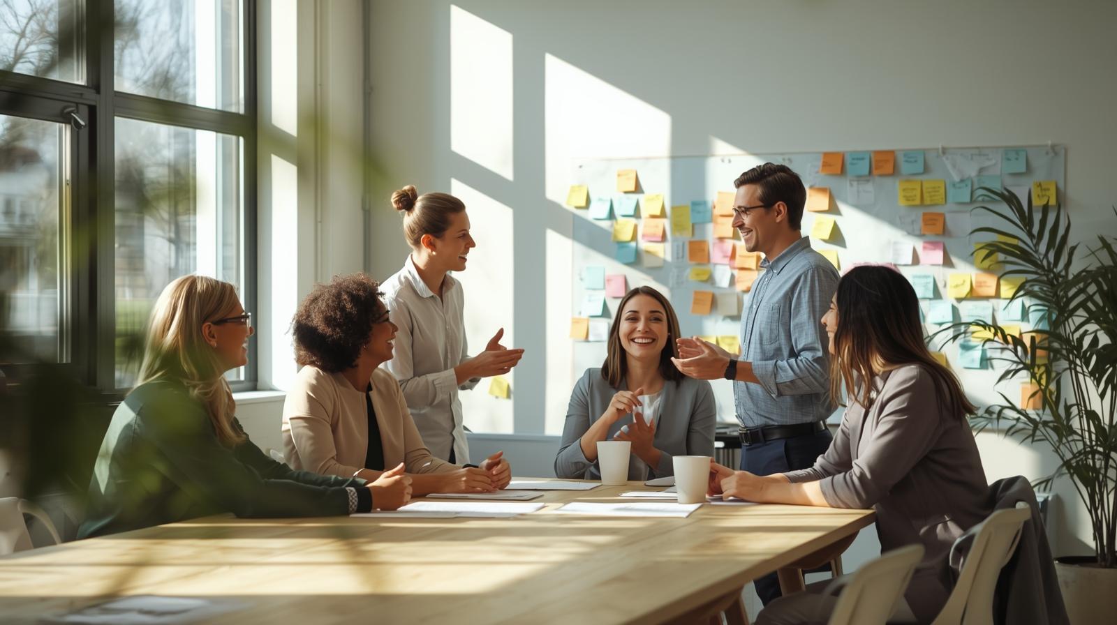 Warm, human photo of a small group in an open bright space, people sharing ideas around a wall of post-its or a large table, light wooden tones, green and white color palette, smiles, authenticity, sunlight through windows, evokes culture,