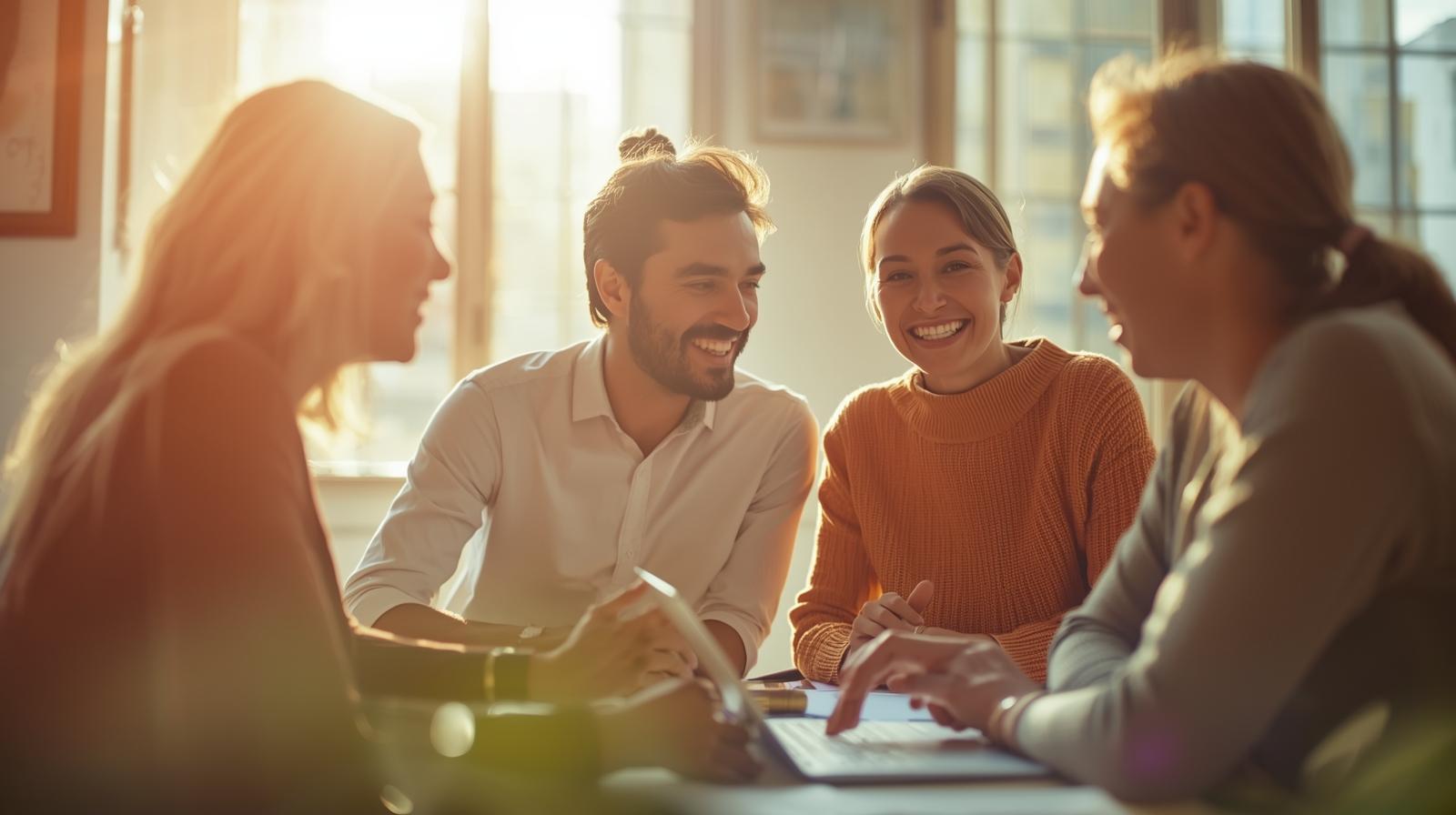 Warm, natural photo of a small project team smiling and exchanging ideas, sunlight filtering through windows, soft depth of field, tones of ocre and light green, evokes trust, flow, and shared energy, professional yet human, no text. Warm, natural photo of a small project team smiling and exchanging ideas, sunlight filtering through windows, soft depth of field, tones of ocre and light green, evokes trust, flow, and shared energy, professional yet human, no text.